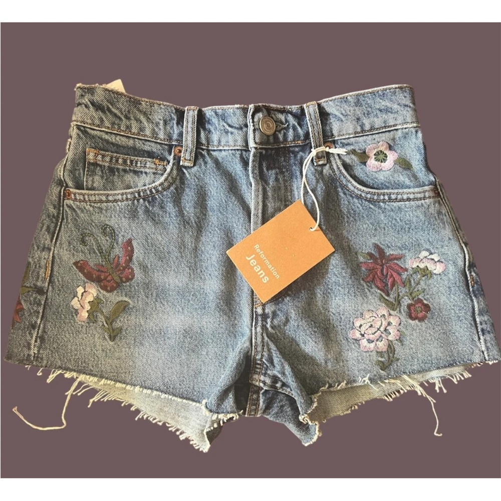 Reformation Floral Fauna Embroidery Charlie High Rise Jean Shorts Size 23 NWT